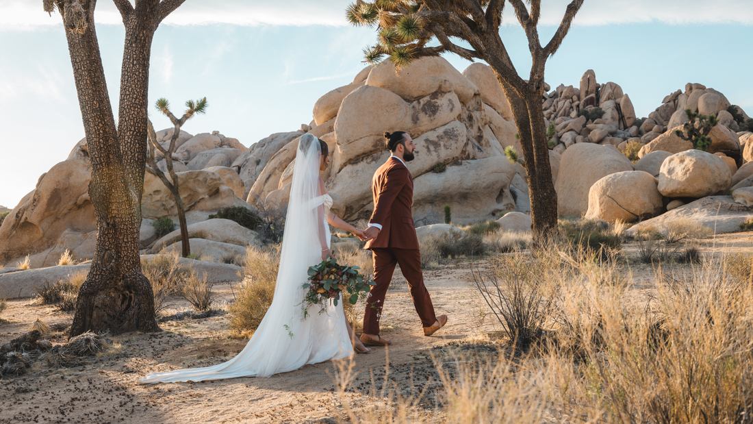 Wedding couple walking among Joshua trees
